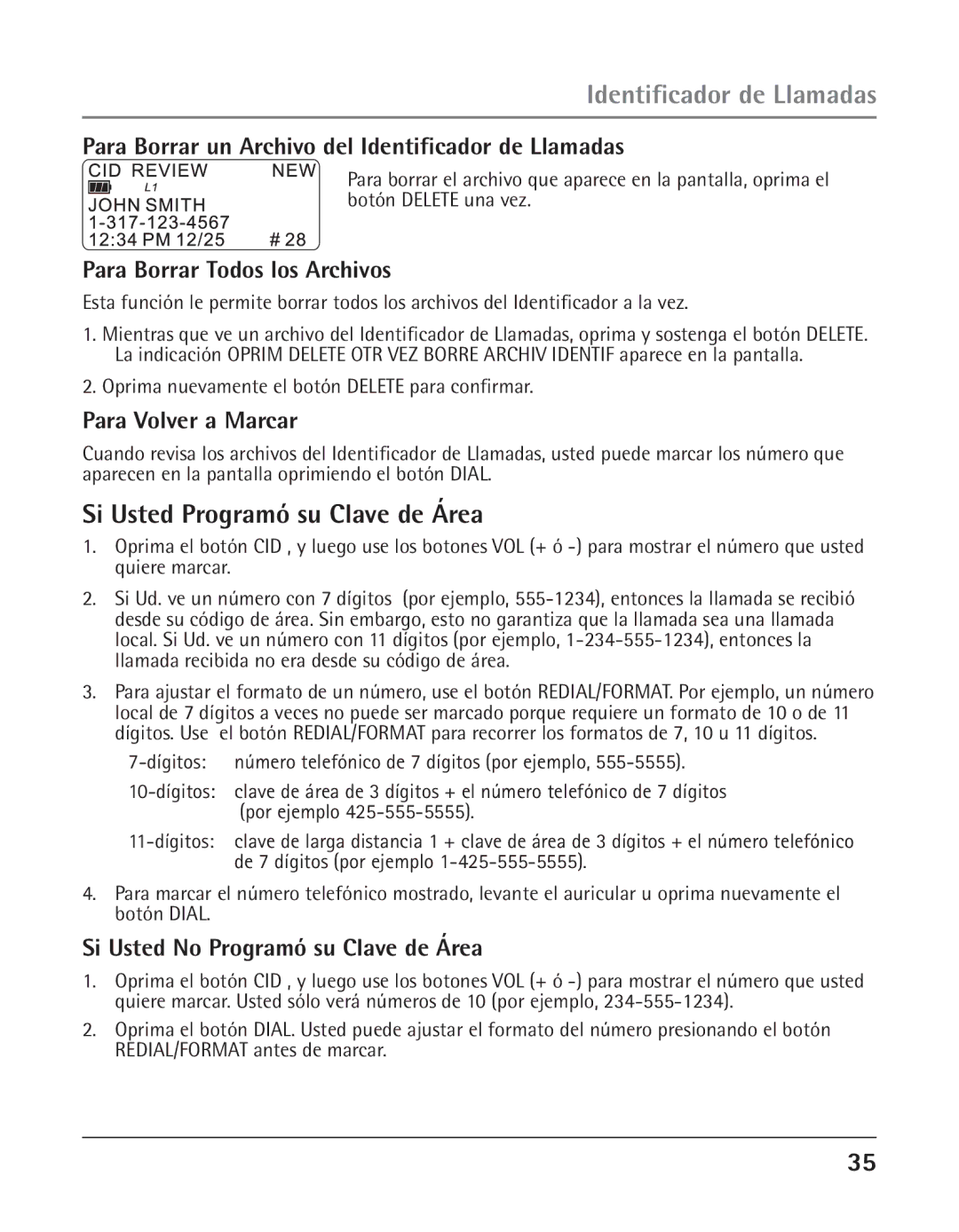 GE 25425 manual Si Usted Programó su Clave de Área, Para Borrar un Archivo del Identificador de Llamadas 