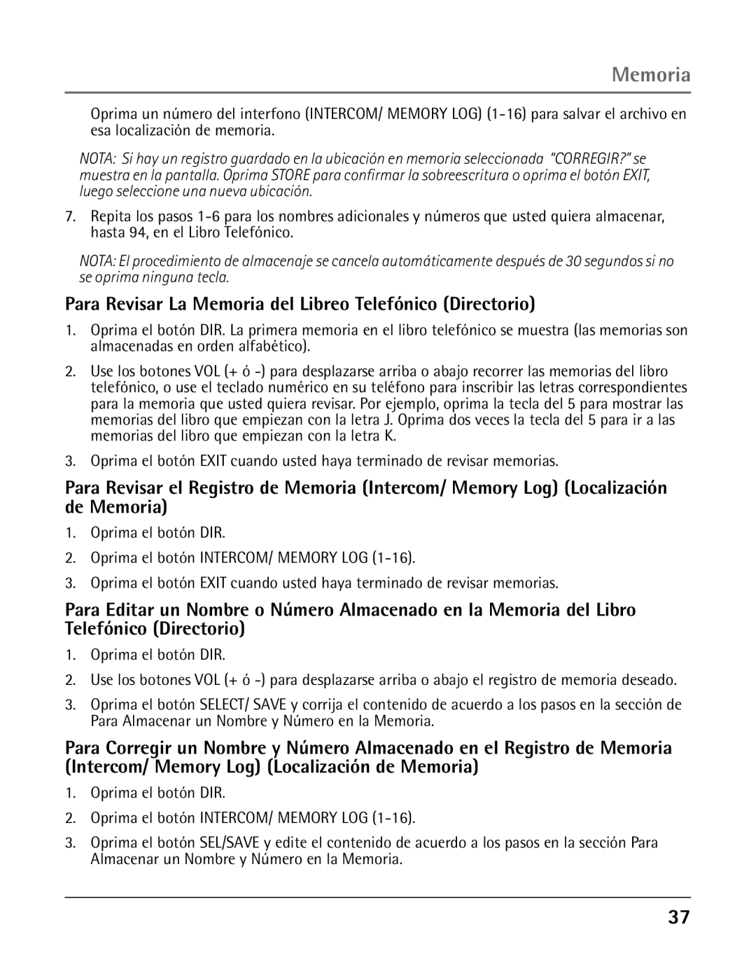 GE 25425 manual Para Revisar La Memoria del Libreo Telefónico Directorio 