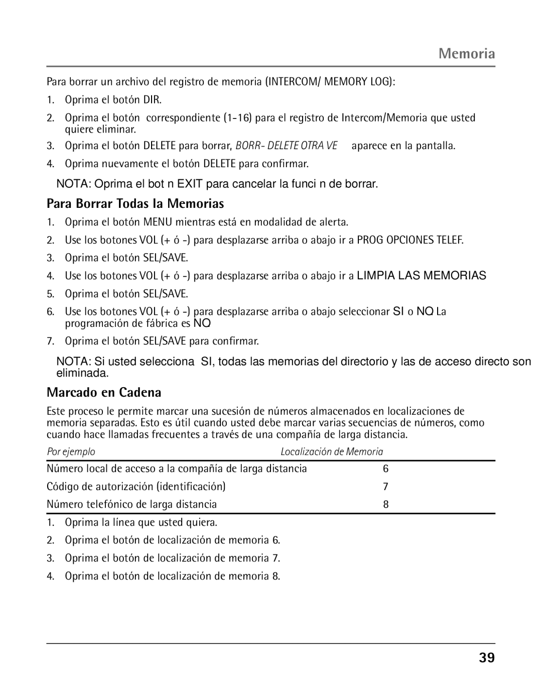 GE 25425 manual Para Borrar Todas la Memorias, Marcado en Cadena 