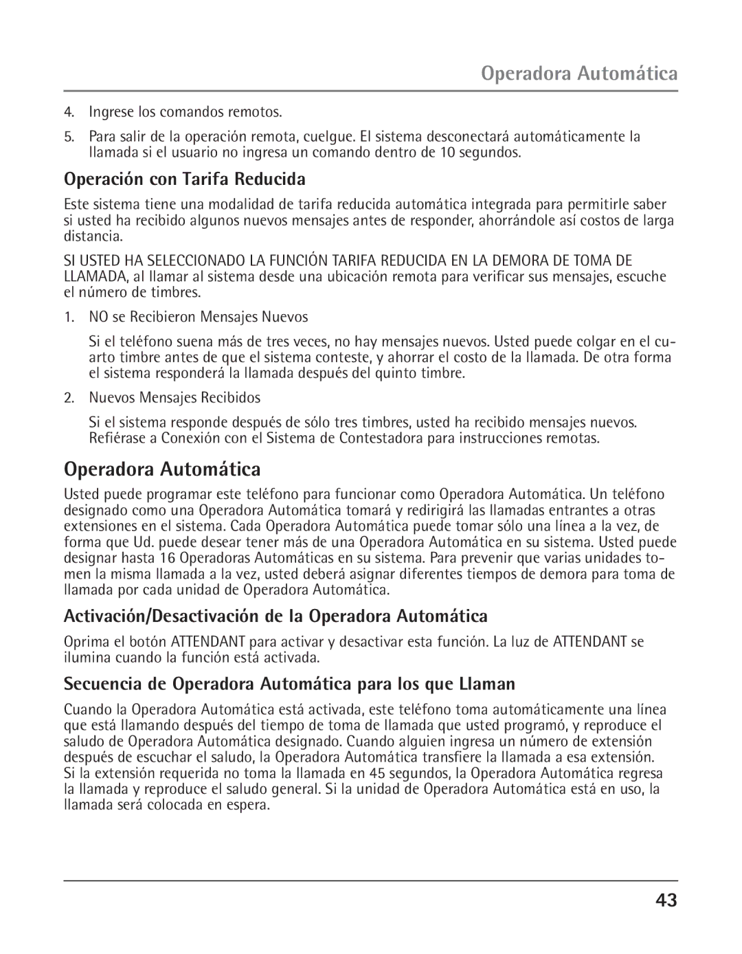 GE 25425 manual Operación con Tarifa Reducida, Activación/Desactivación de la Operadora Automática 