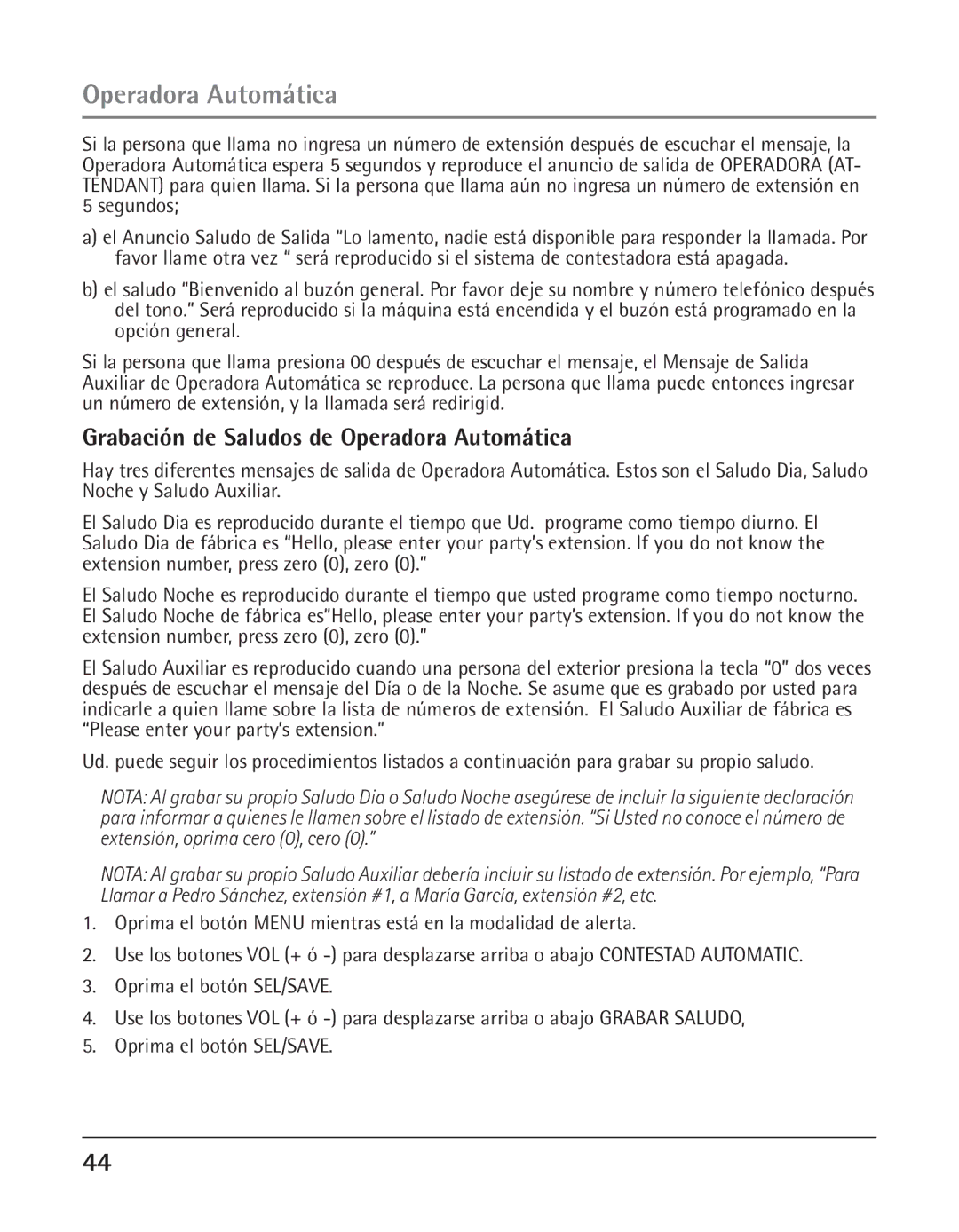 GE 25425 manual Grabación de Saludos de Operadora Automática 