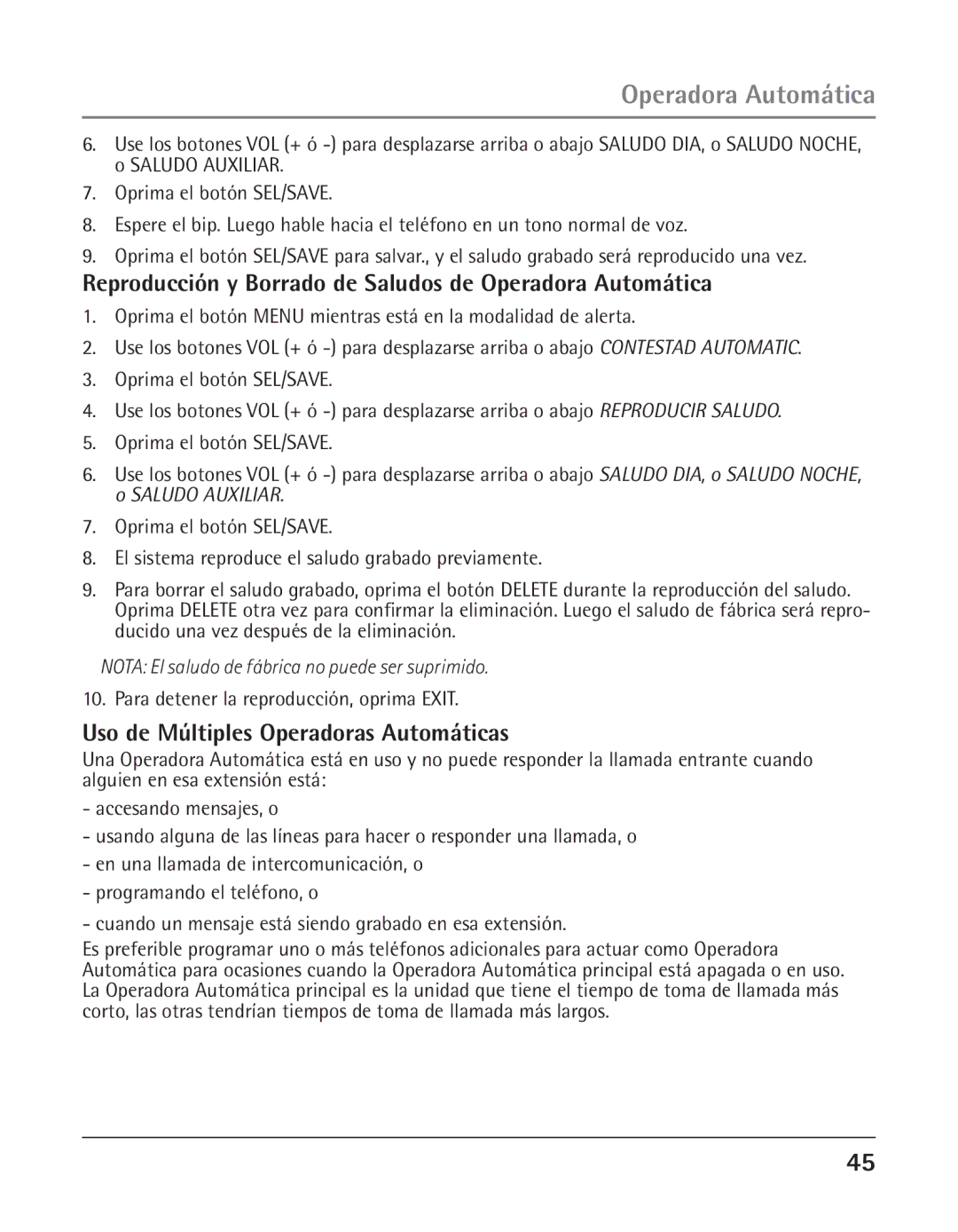 GE 25425 manual Reproducción y Borrado de Saludos de Operadora Automática, Uso de Múltiples Operadoras Automáticas 