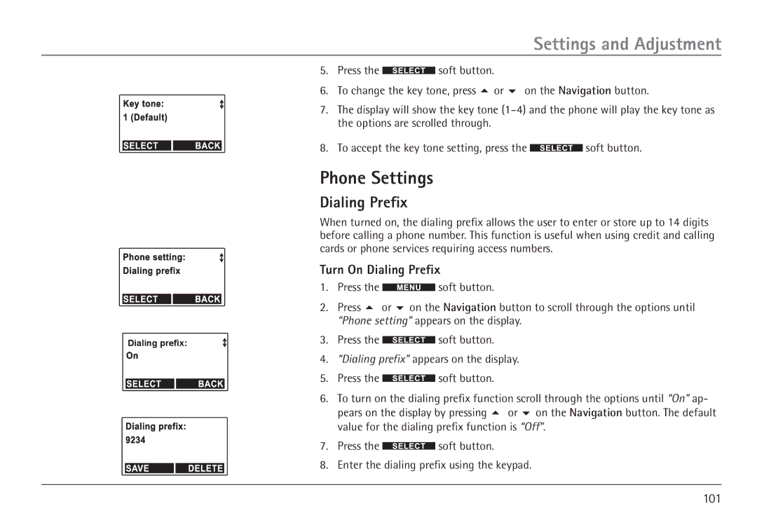 GE 25450 manual Phone Settings, Turn On Dialing Prefix 