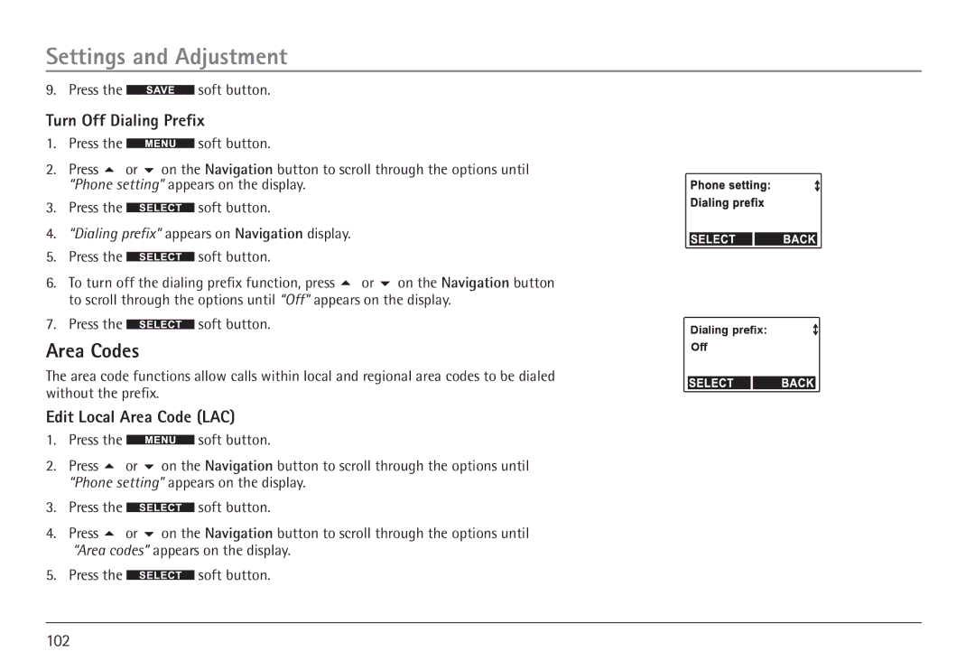 GE 25450 manual Area Codes, Turn Off Dialing Prefix, Edit Local Area Code LAC 