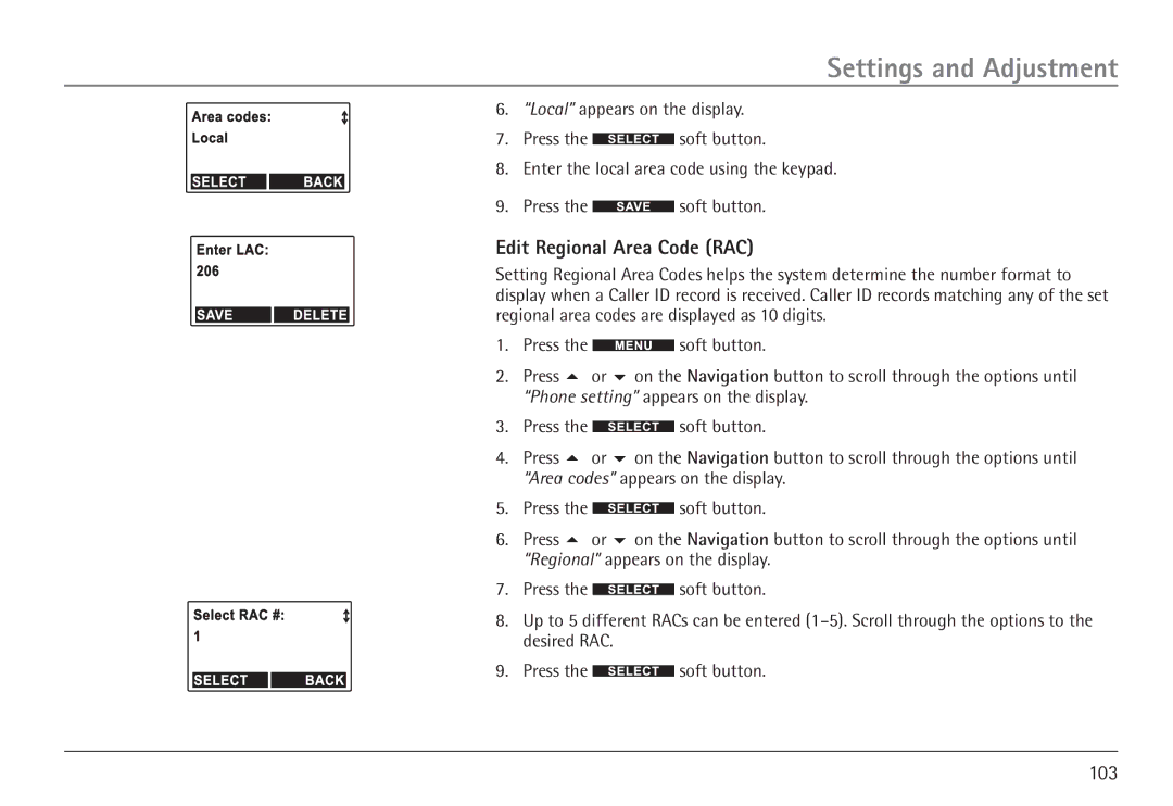 GE 25450 manual Edit Regional Area Code RAC 