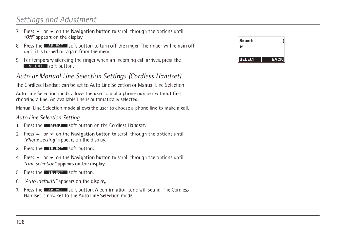 GE 25450 manual Auto or Manual Line Selection Settings Cordless Handset, Auto Line Selection Setting 