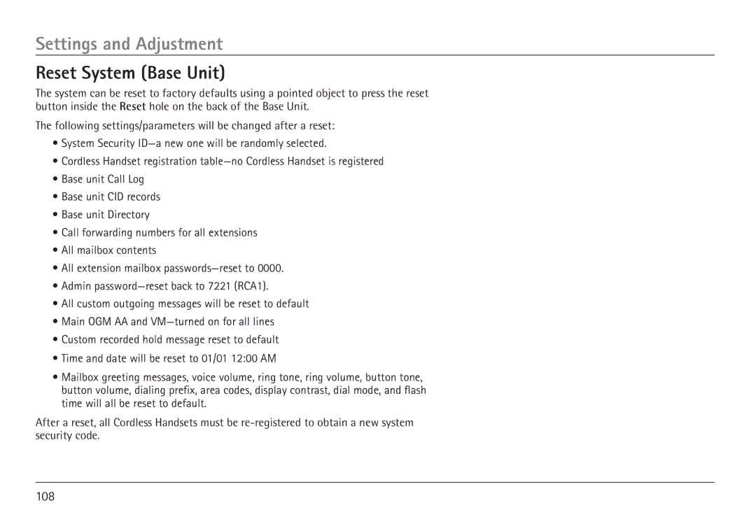 GE 25450 manual Reset System Base Unit 