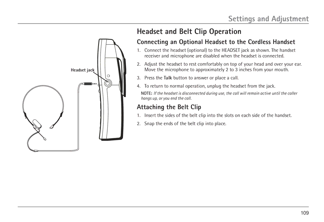 GE 25450 Headset and Belt Clip Operation, Connecting an Optional Headset to the Cordless Handset, Attaching the Belt Clip 