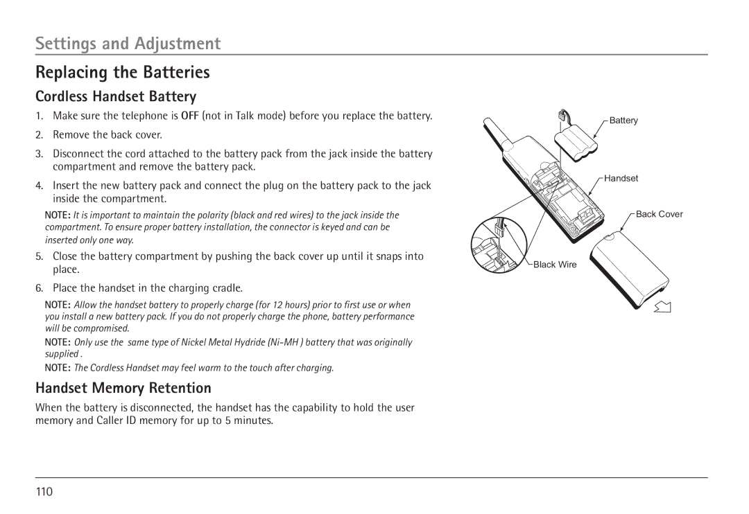 GE 25450 manual Replacing the Batteries, Cordless Handset Battery, Handset Memory Retention 