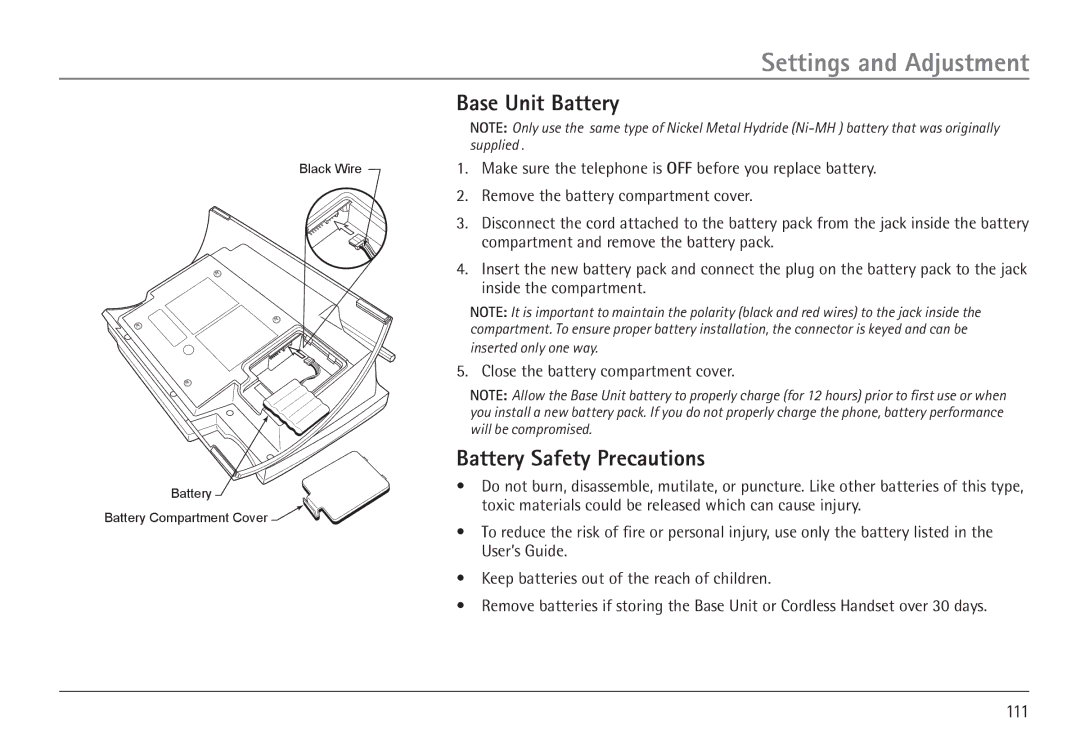 GE 25450 manual Base Unit Battery, Battery Safety Precautions 