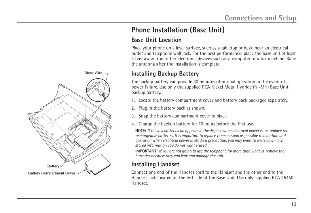 GE 25450 manual Phone Installation Base Unit, Base Unit Location, Installing Backup Battery, Installing Handset 