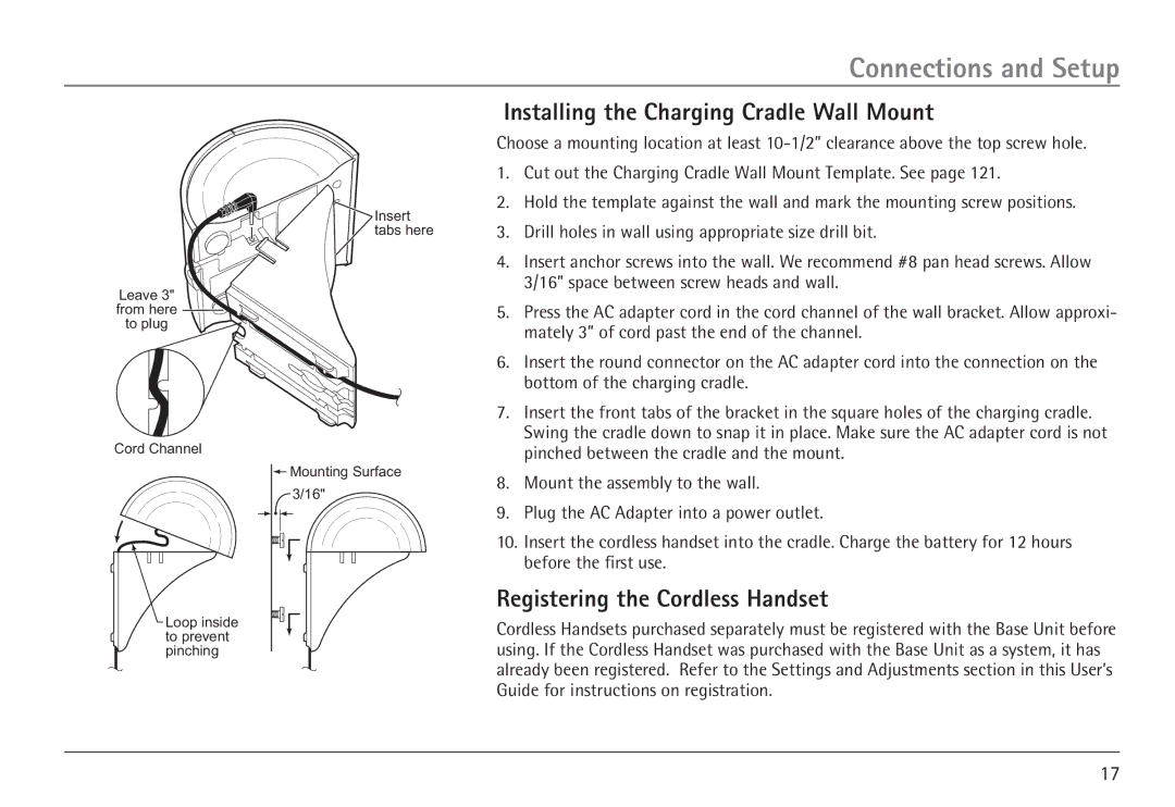 GE 25450 manual Installing the Charging Cradle Wall Mount, Registering the Cordless Handset 