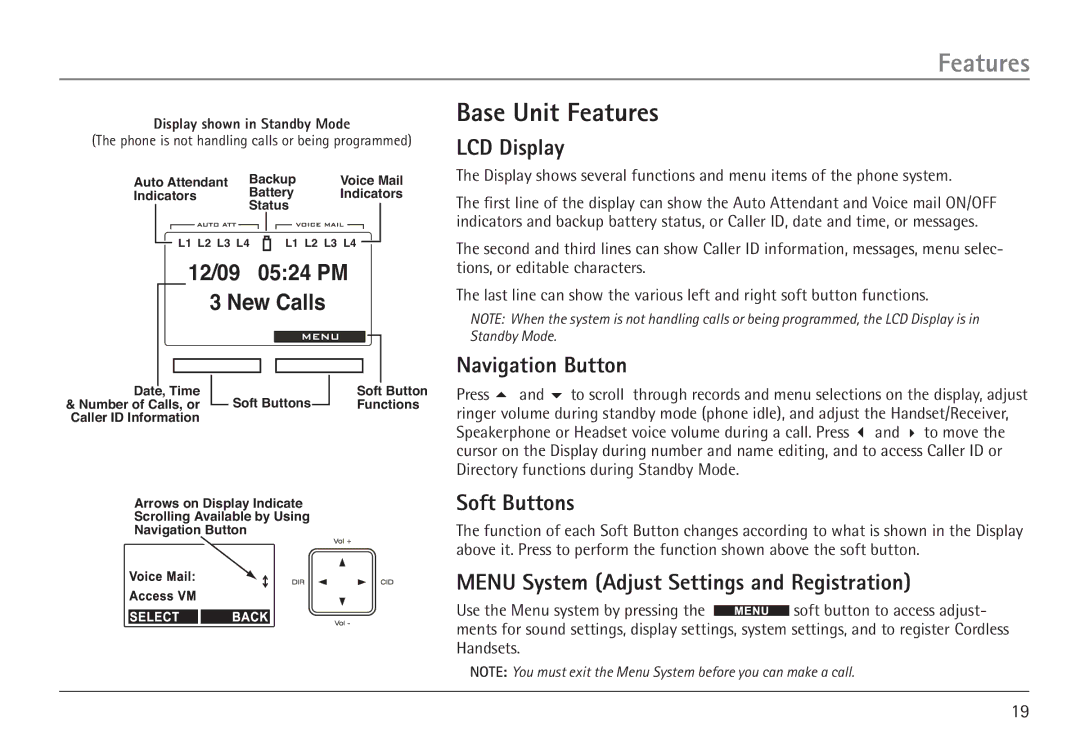 GE 25450 Base Unit Features, LCD Display, Navigation Button, Soft Buttons, Menu System Adjust Settings and Registration 