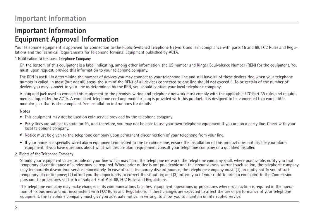 GE 25450 manual Important Information Equipment Approval Information 