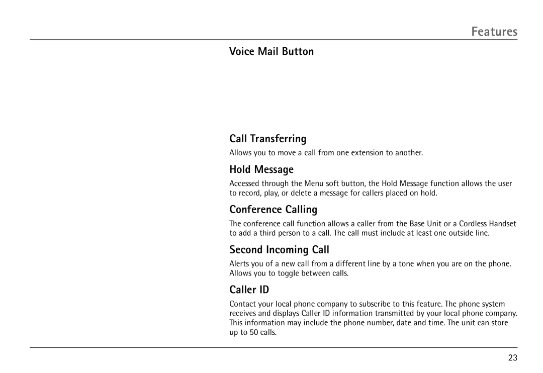 GE 25450 manual Voice Mail Button Call Transferring, Hold Message, Conference Calling, Second Incoming Call, Caller ID 