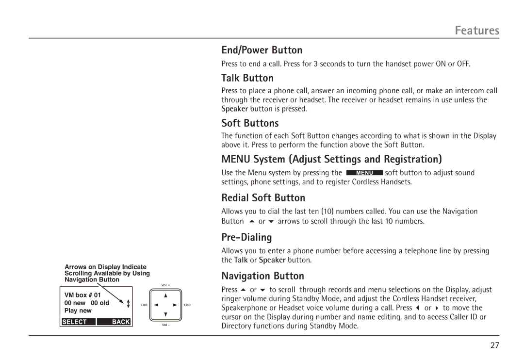 GE 25450 manual End/Power Button, Talk Button, Redial Soft Button 