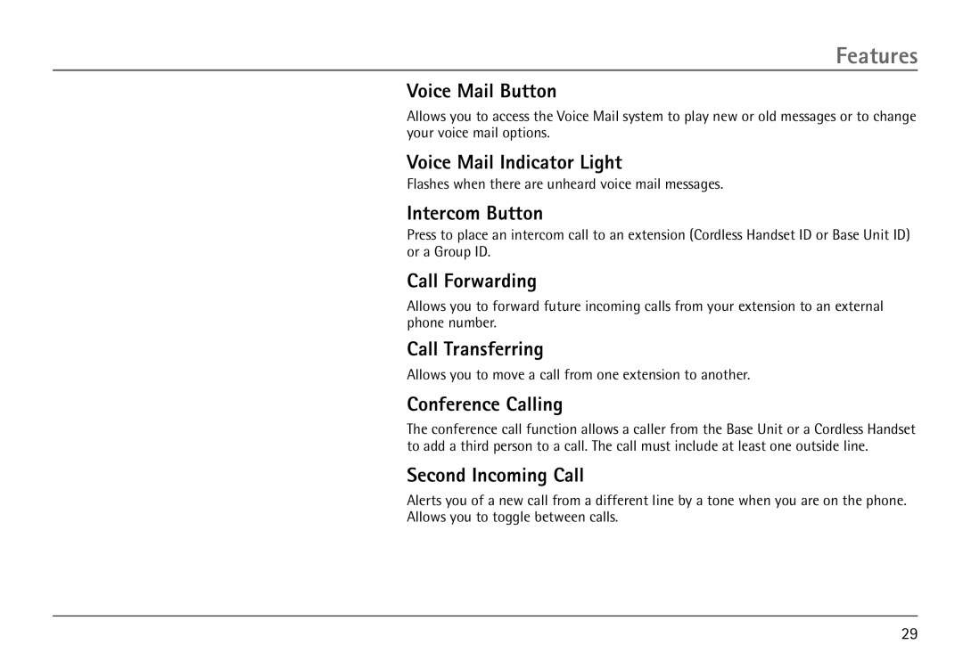 GE 25450 manual Voice Mail Button, Voice Mail Indicator Light, Call Forwarding 