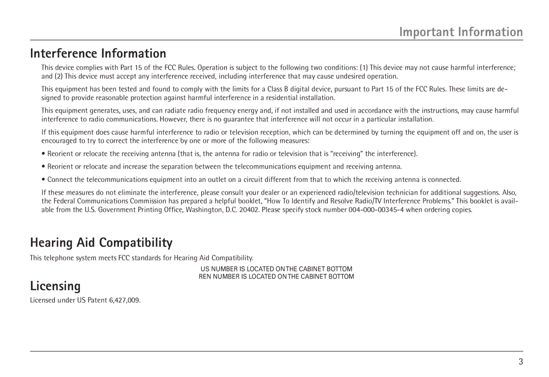 GE 25450 manual Interference Information, Hearing Aid Compatibility, Licensing 