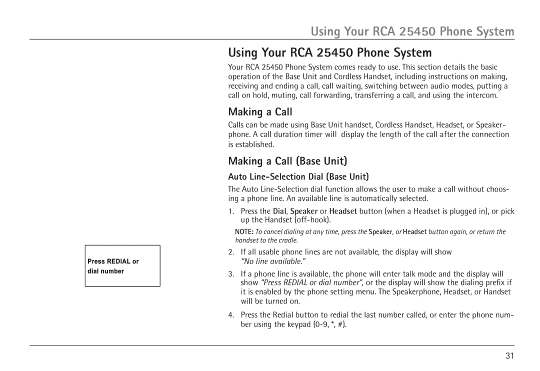 GE manual Using Your RCA 25450 Phone System, Making a Call Base Unit, Auto Line-Selection Dial Base Unit 