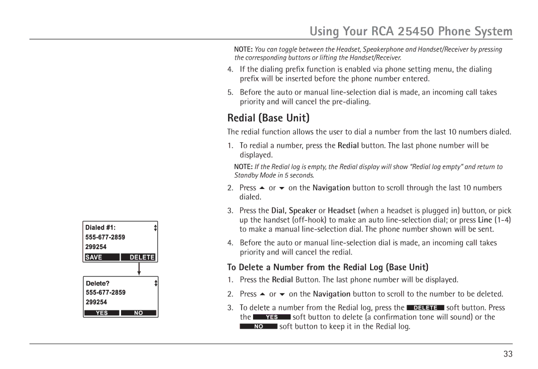 GE 25450 manual Redial Base Unit, To Delete a Number from the Redial Log Base Unit 