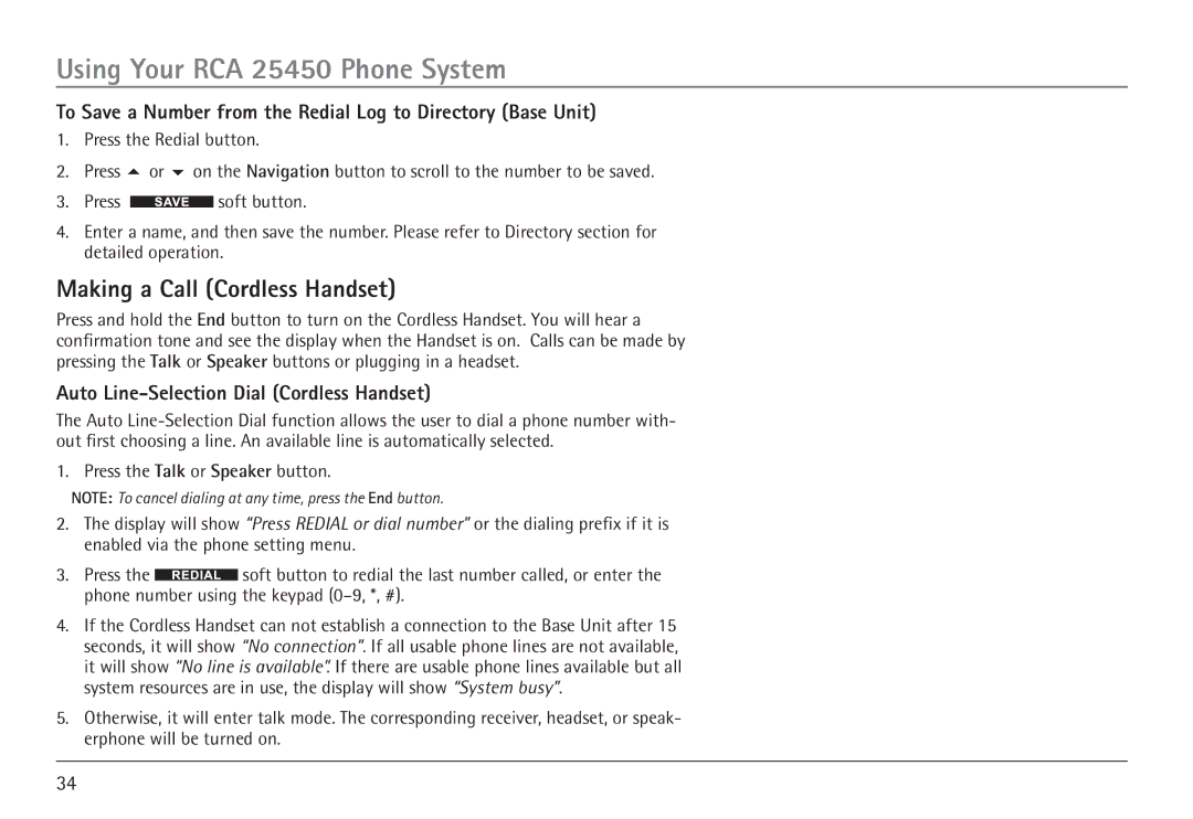 GE 25450 manual Making a Call Cordless Handset, To Save a Number from the Redial Log to Directory Base Unit 