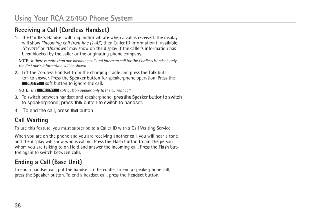 GE 25450 manual Receiving a Call Cordless Handset, Ending a Call Base Unit 