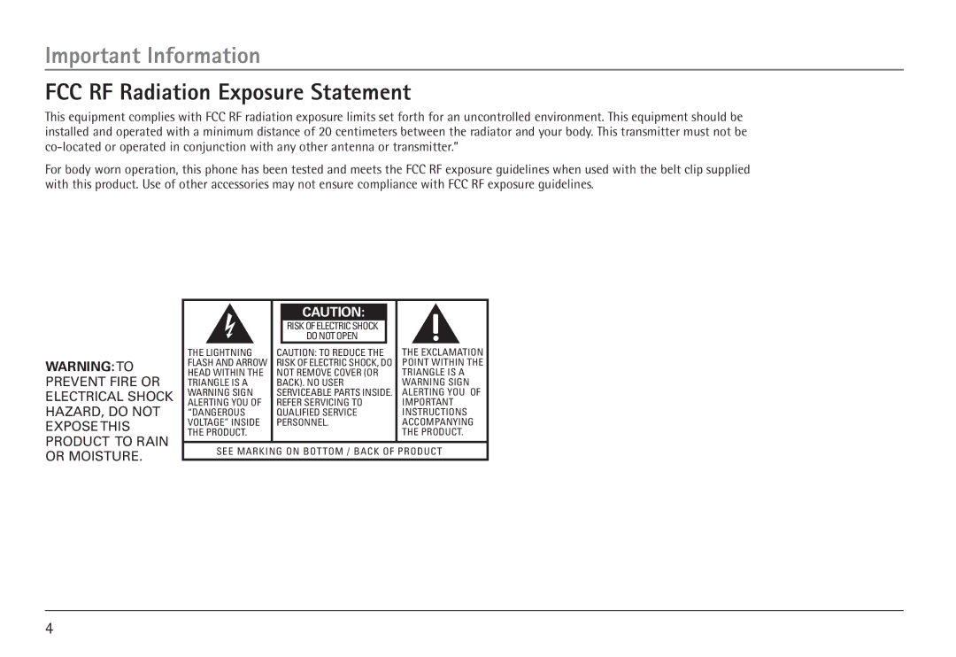 GE 25450 manual FCC RF Radiation Exposure Statement, Do not Open 