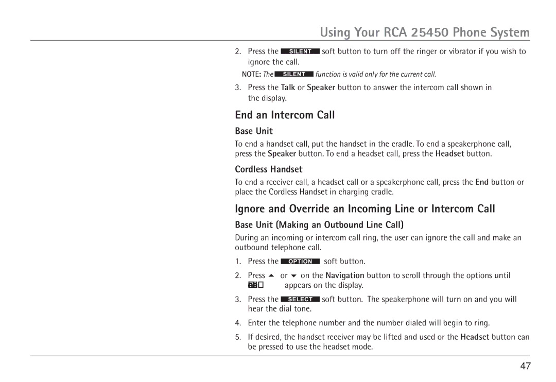 GE 25450 manual End an Intercom Call, Ignore and Override an Incoming Line or Intercom Call 