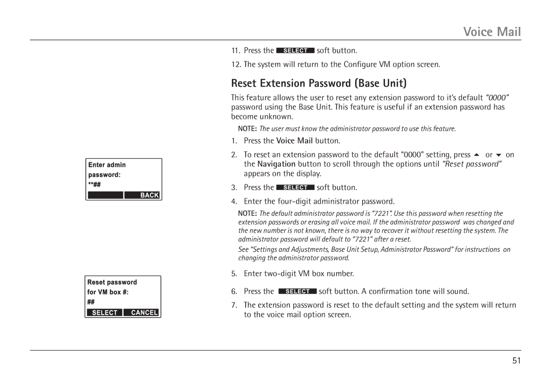 GE 25450 manual Reset Extension Password Base Unit 