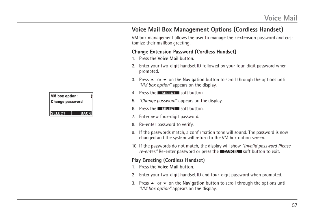 GE 25450 manual Voice Mail Box Management Options Cordless Handset, Change Extension Password Cordless Handset 