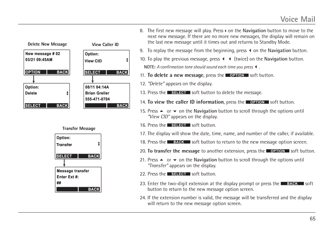 GE 25450 manual To delete a new message, press the soft button, To view the caller ID information, press the soft button 