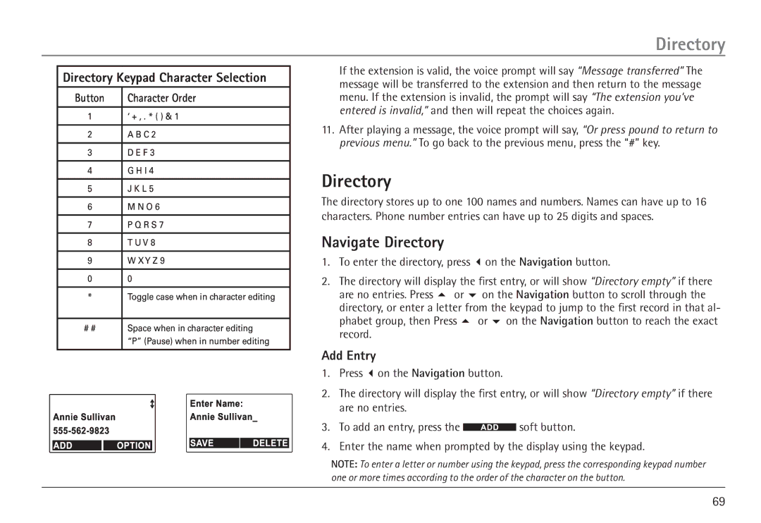 GE 25450 manual Navigate Directory, Directory Keypad Character Selection, Add Entry 