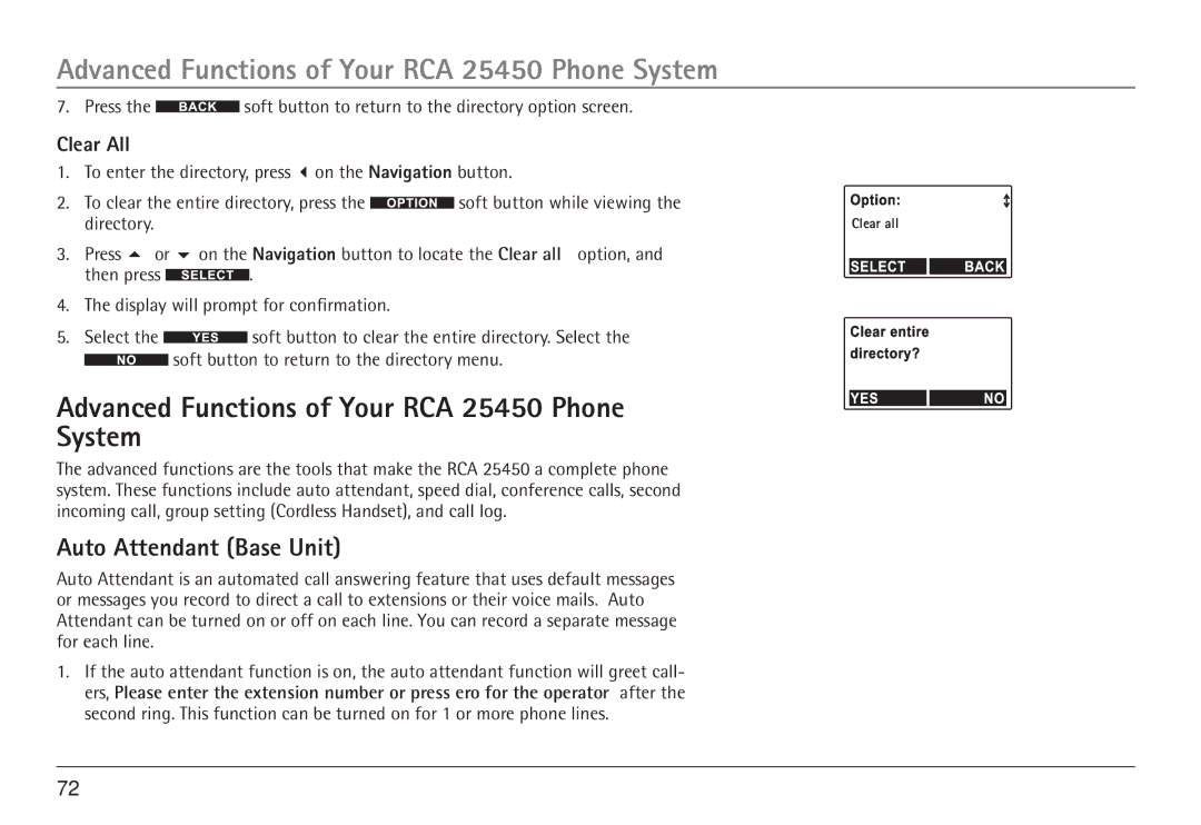 GE manual Advanced Functions of Your RCA 25450 Phone System, Auto Attendant Base Unit, Clear All 