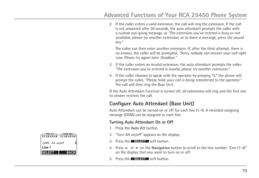 GE 25450 manual Configure Auto Attendant Base Unit, Turning Auto Attendant On or Off 