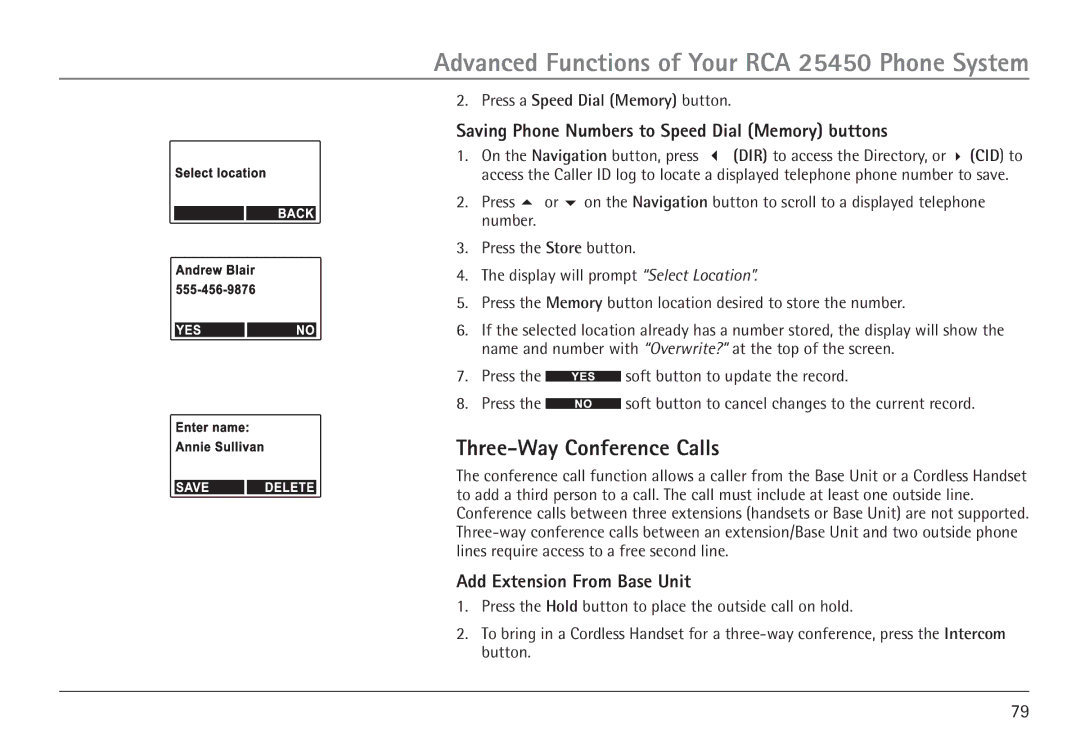 GE 25450 manual Three-Way Conference Calls, Saving Phone Numbers to Speed Dial Memory buttons, Add Extension From Base Unit 