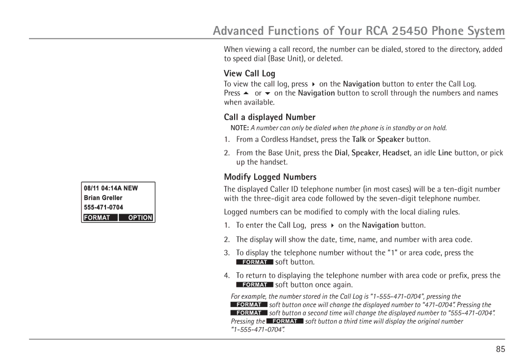 GE 25450 manual View Call Log, Call a displayed Number, Modify Logged Numbers 