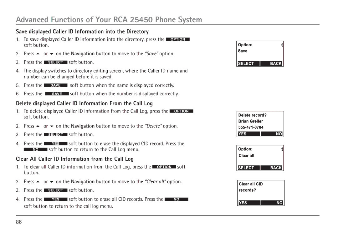 GE 25450 Save displayed Caller ID Information into the Directory, Delete displayed Caller ID Information From the Call Log 