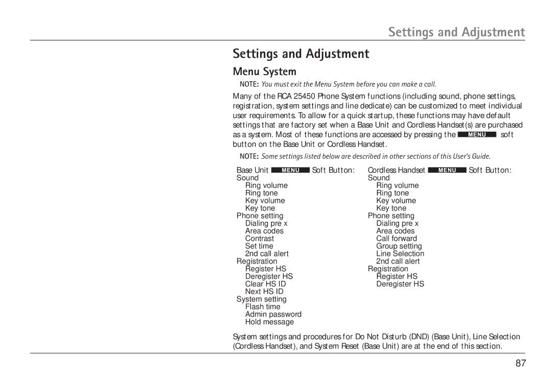 GE 25450 manual Settings and Adjustment, Menu System 