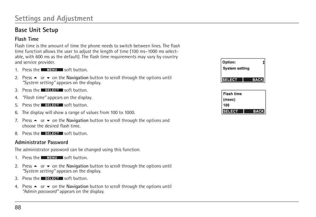 GE 25450 manual Base Unit Setup, Flash Time, Administrator Password 