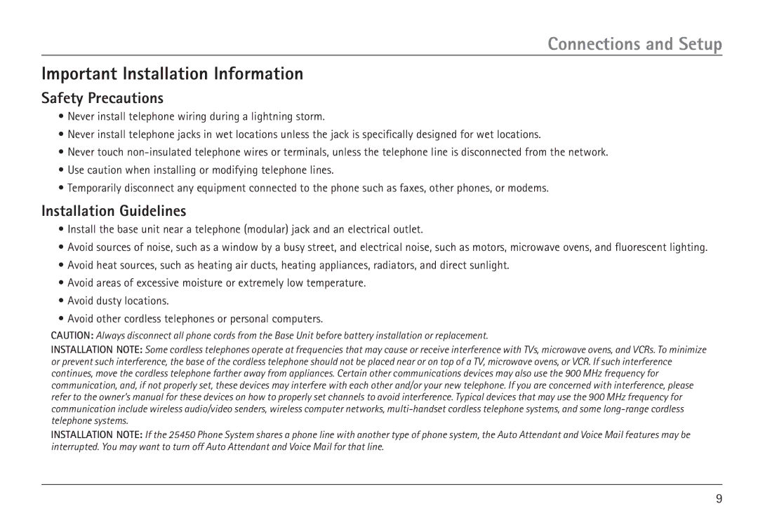 GE 25450 manual Connections and Setup, Important Installation Information, Safety Precautions, Installation Guidelines 