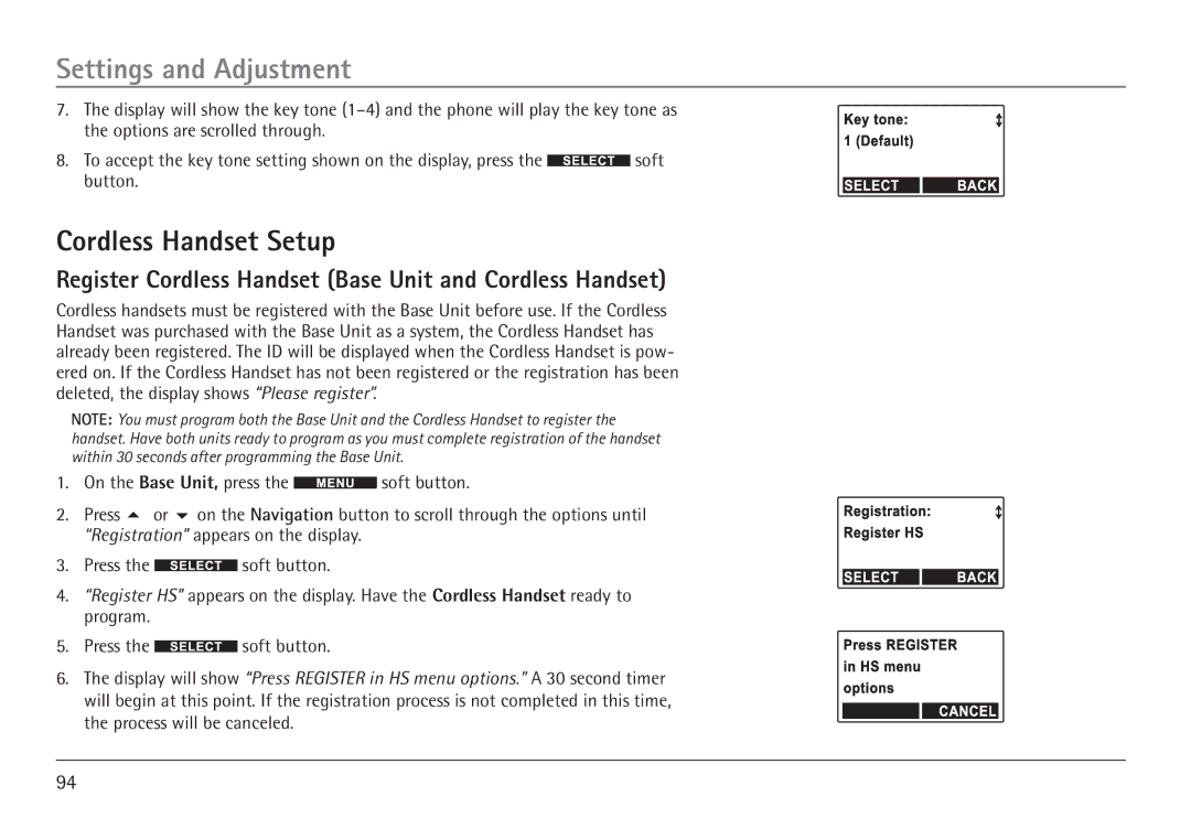 GE 25450 manual Cordless Handset Setup, Register Cordless Handset Base Unit and Cordless Handset 