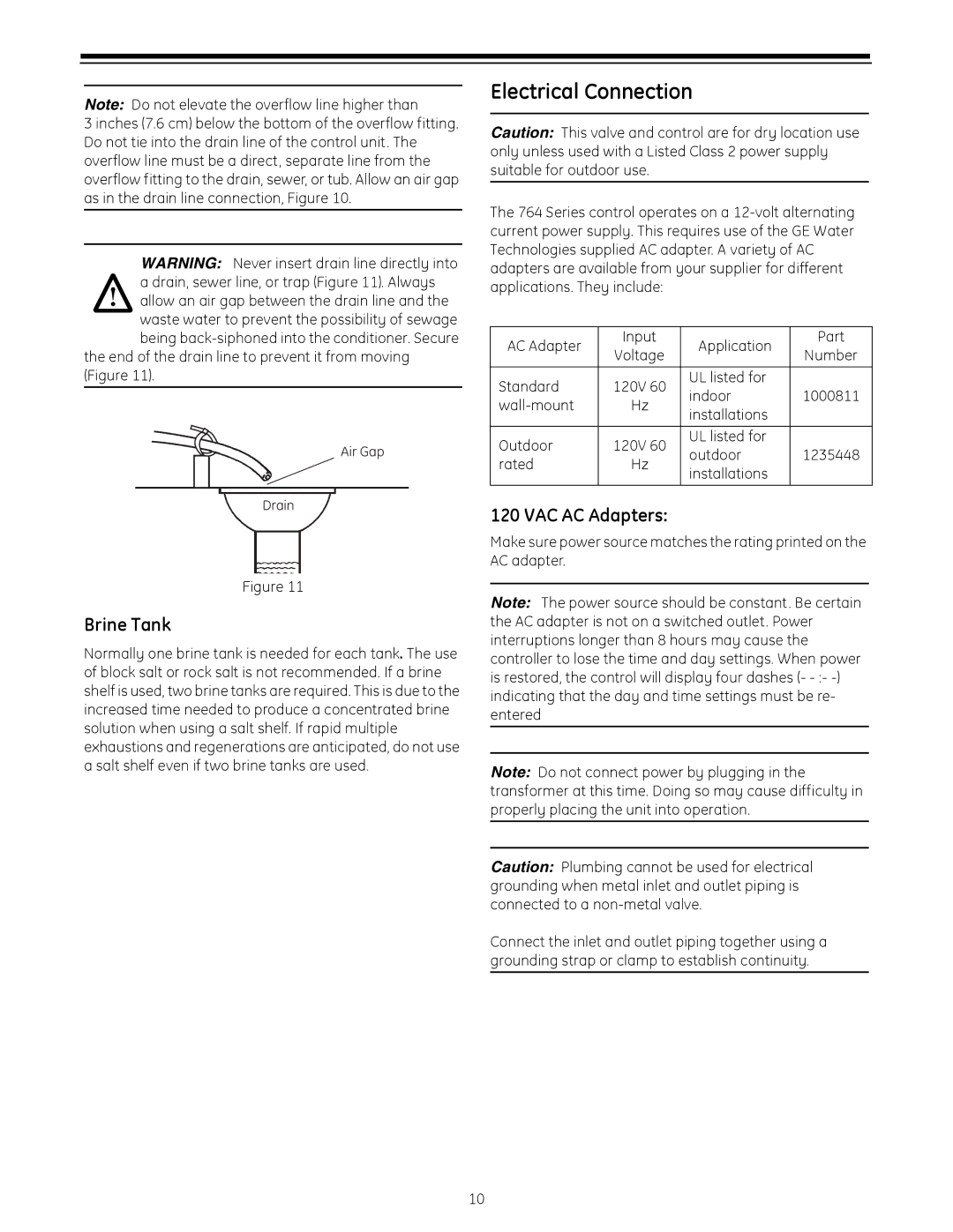 GE 255 operation manual Electrical Connection, Brine Tank, VAC AC Adapters 