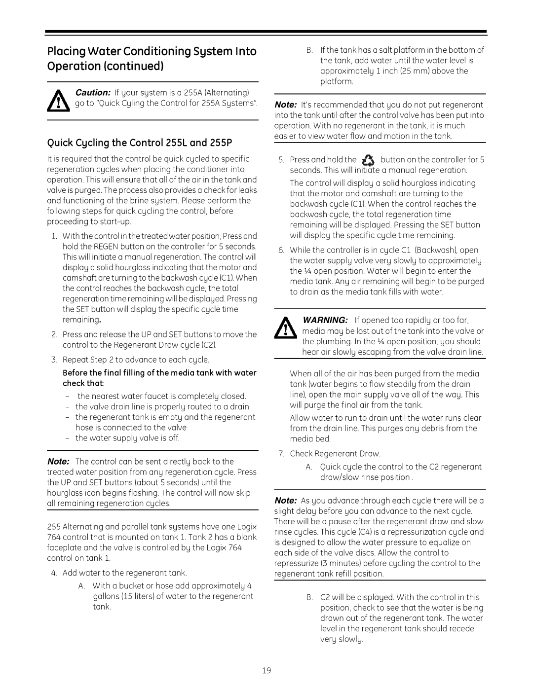GE operation manual Placing Water Conditioning System Into Operation, Quick Cycling the Control 255L and 255P 