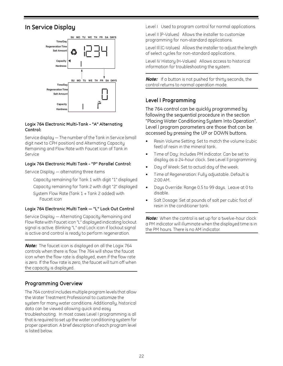 GE 255 Service Display, Programming Overview, Level I Programming, Logix 764 Electronic Multi-Tank a Alternating Control 