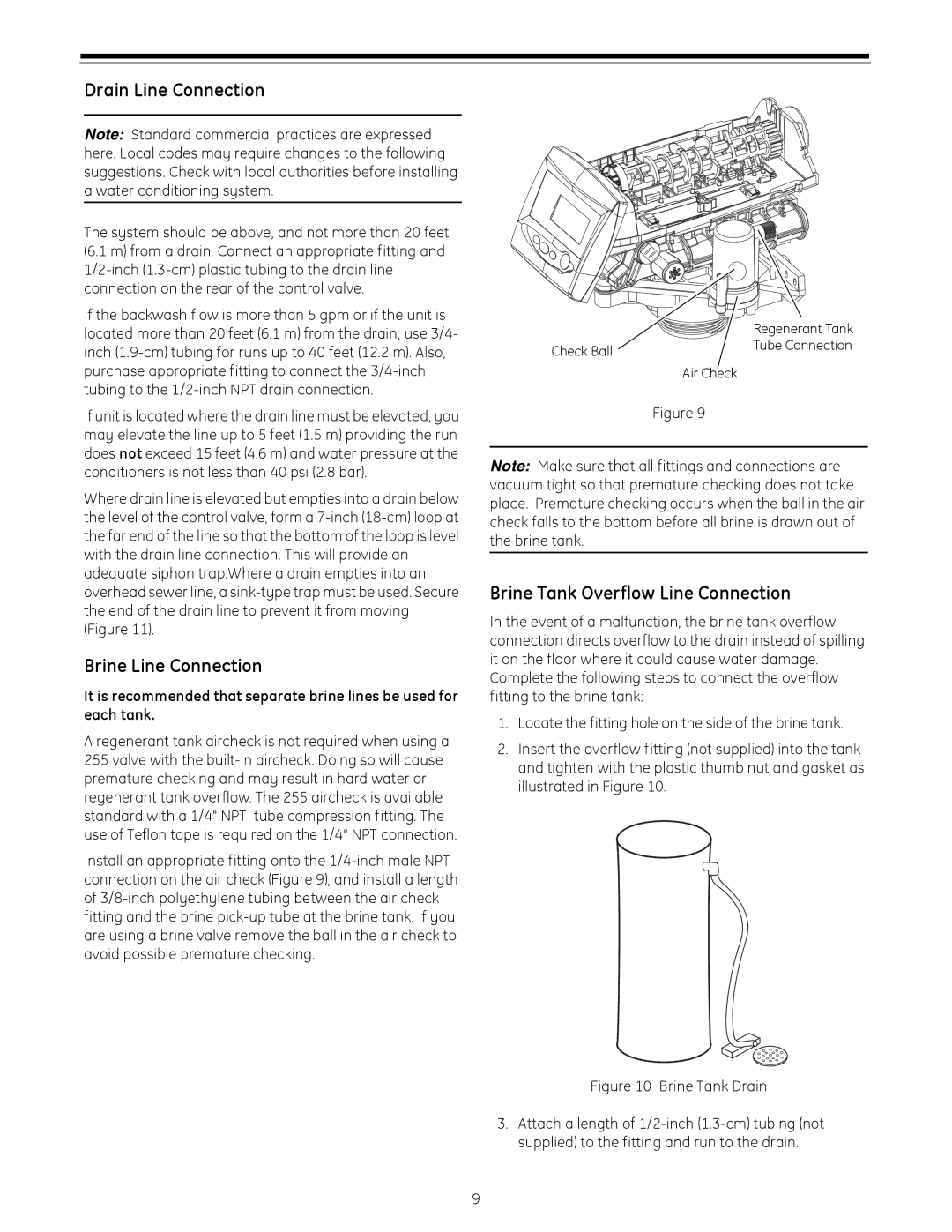 GE 255 operation manual Drain Line Connection, Brine Line Connection, Brine Tank Overflow Line Connection 