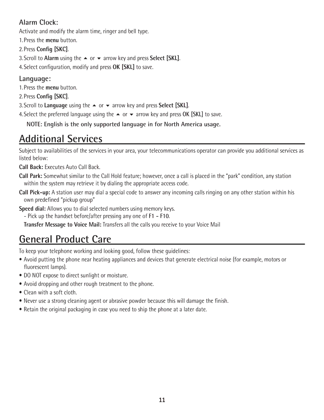 GE 25600 MGCP, 25630 MGCP manual Additional Services, General Product Care, Alarm Clock, Language 