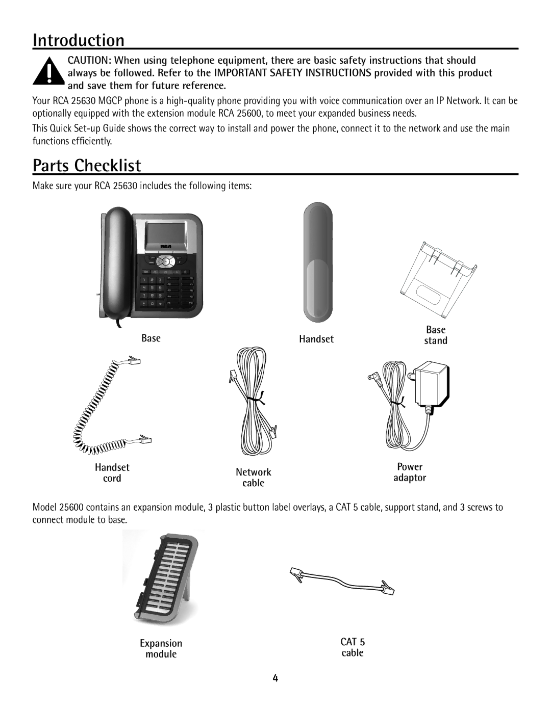 GE 25630 MGCP, 25600 MGCP manual Introduction, Parts Checklist, Base Handset 