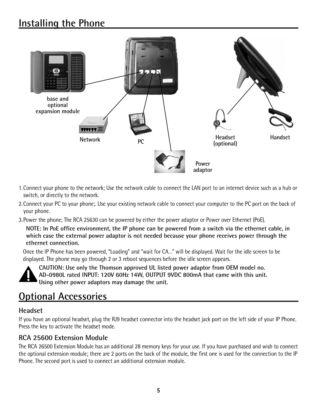 GE 25600 MGCP, 25630 MGCP manual Installing the Phone, Optional Accessories, Headset, RCA 25600 Extension Module 