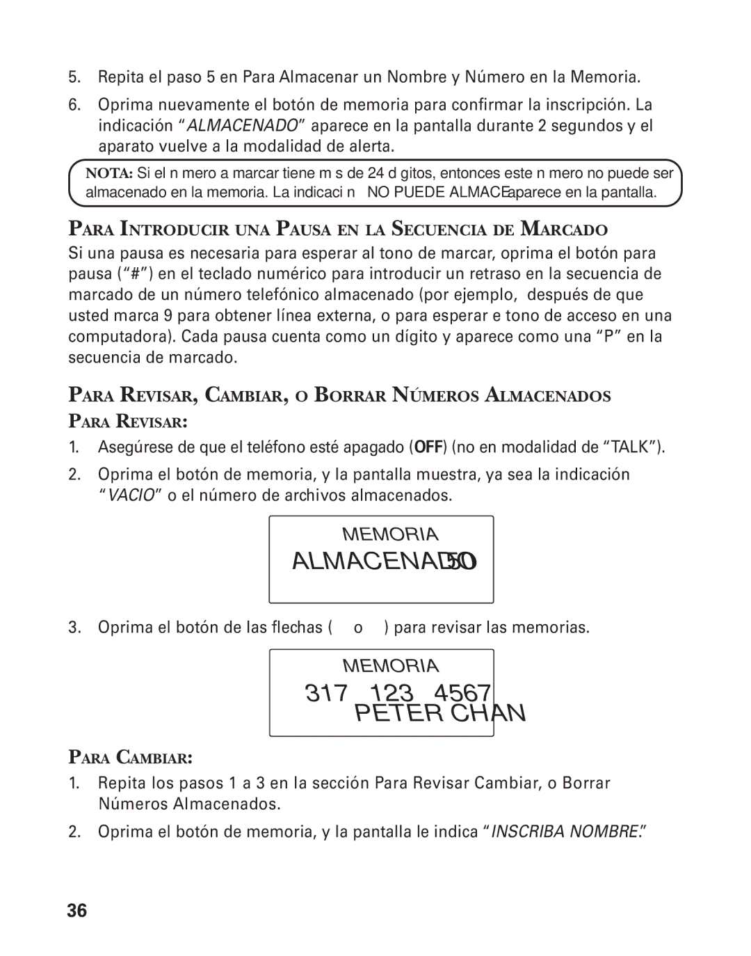 GE 25826, 25825 manual Almacenado, Para Introducir UNA Pausa EN LA Secuencia DE Marcado 