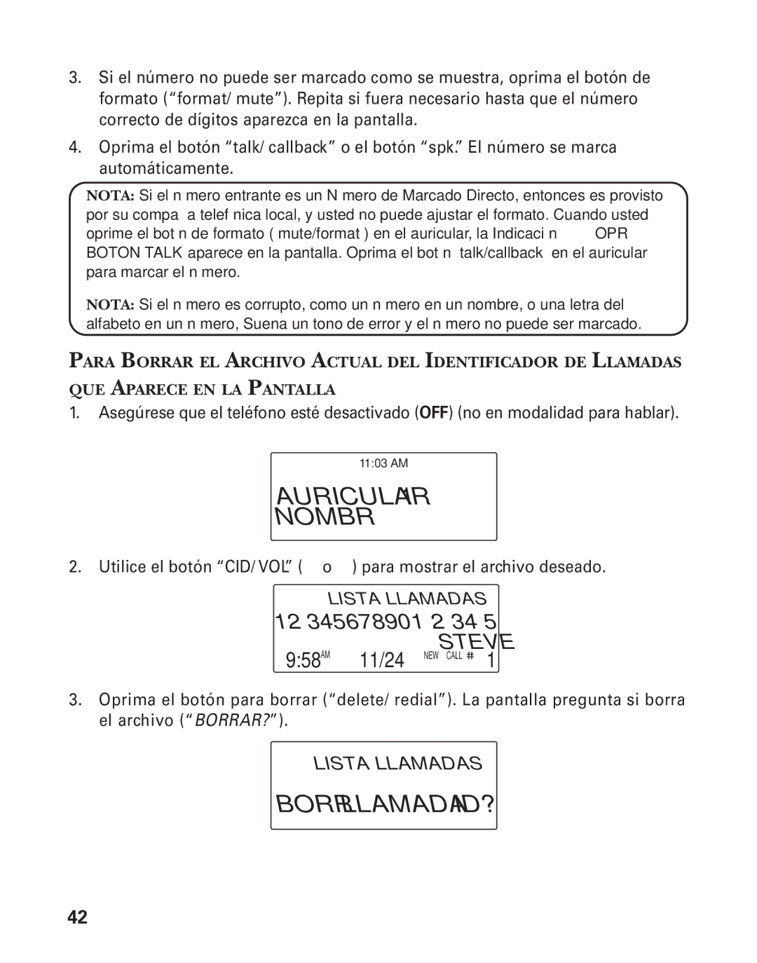 GE 25826, 25825 manual Auricular Nombr, Borr Llamada ID ? 